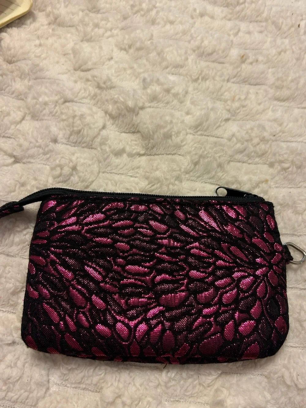 Metallic Magenta & Black Brocade Zip Coin Purse Wallet Pouch